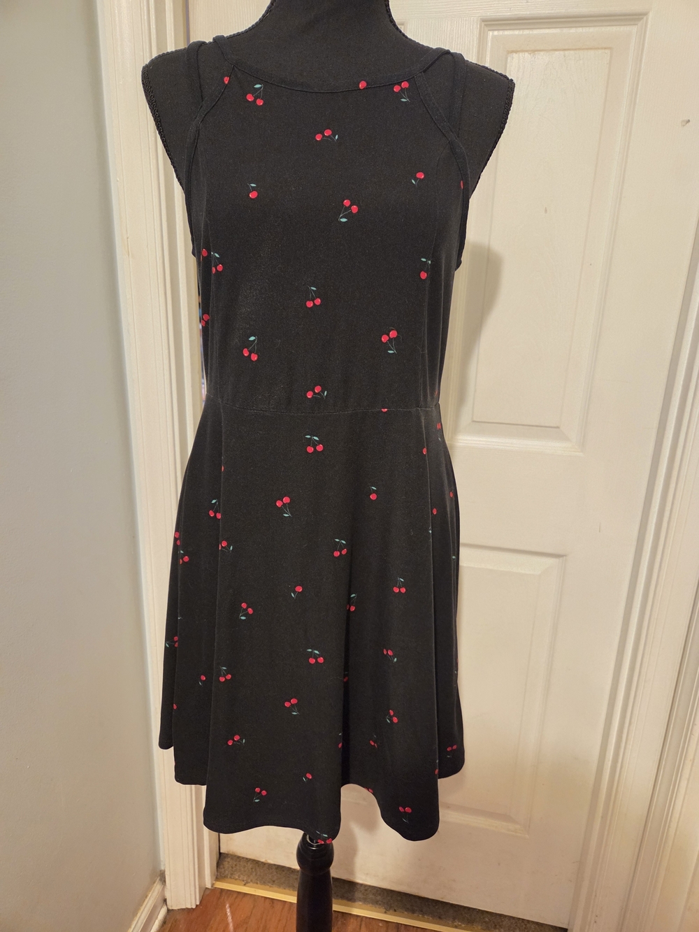 Arizona Jean Company Black Sleeveless Mini Dress with Red Cherry Print